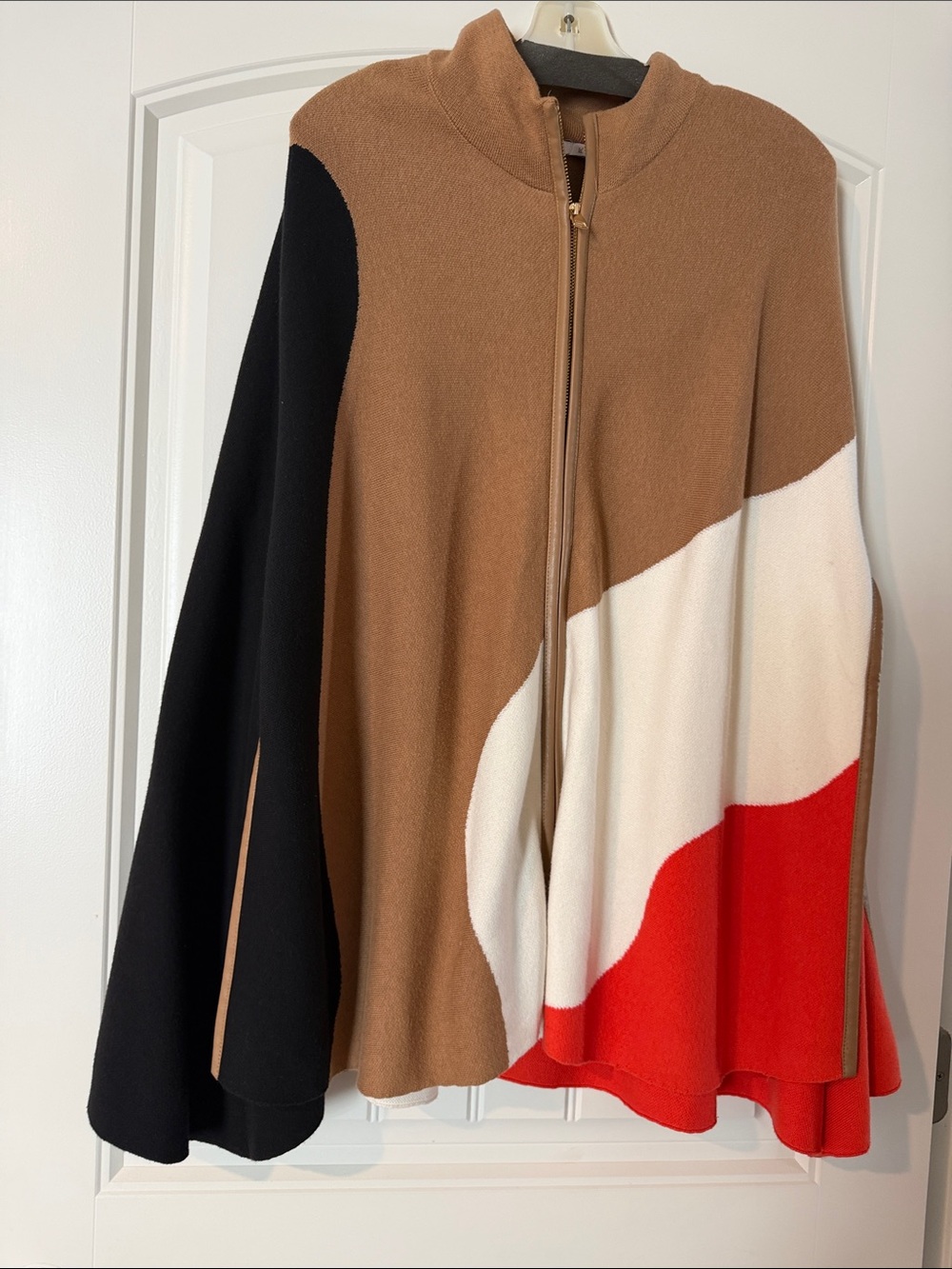 Chico's Colorblock Zip-Front Cape Jacket in Brown, Black, White & Red